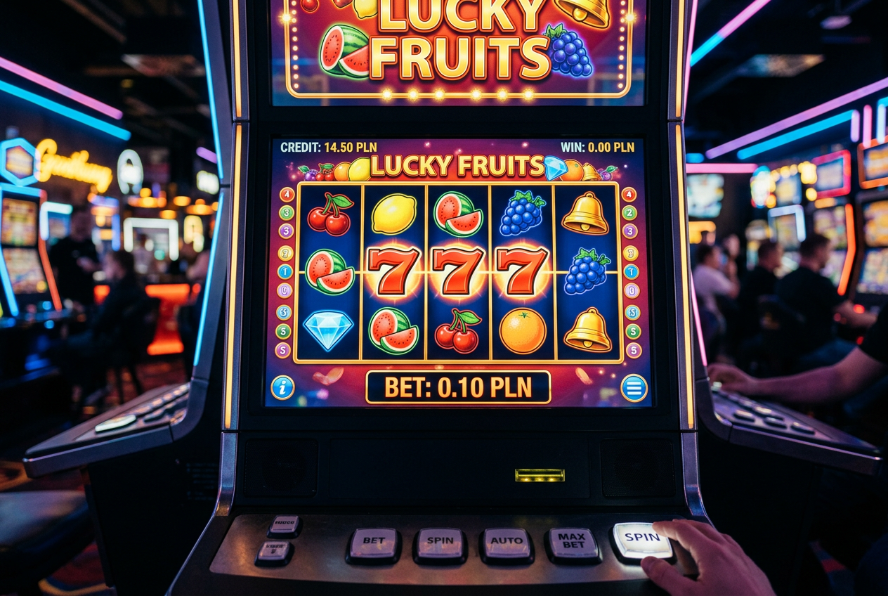 Modern digital slot machine showing a low bet setting.