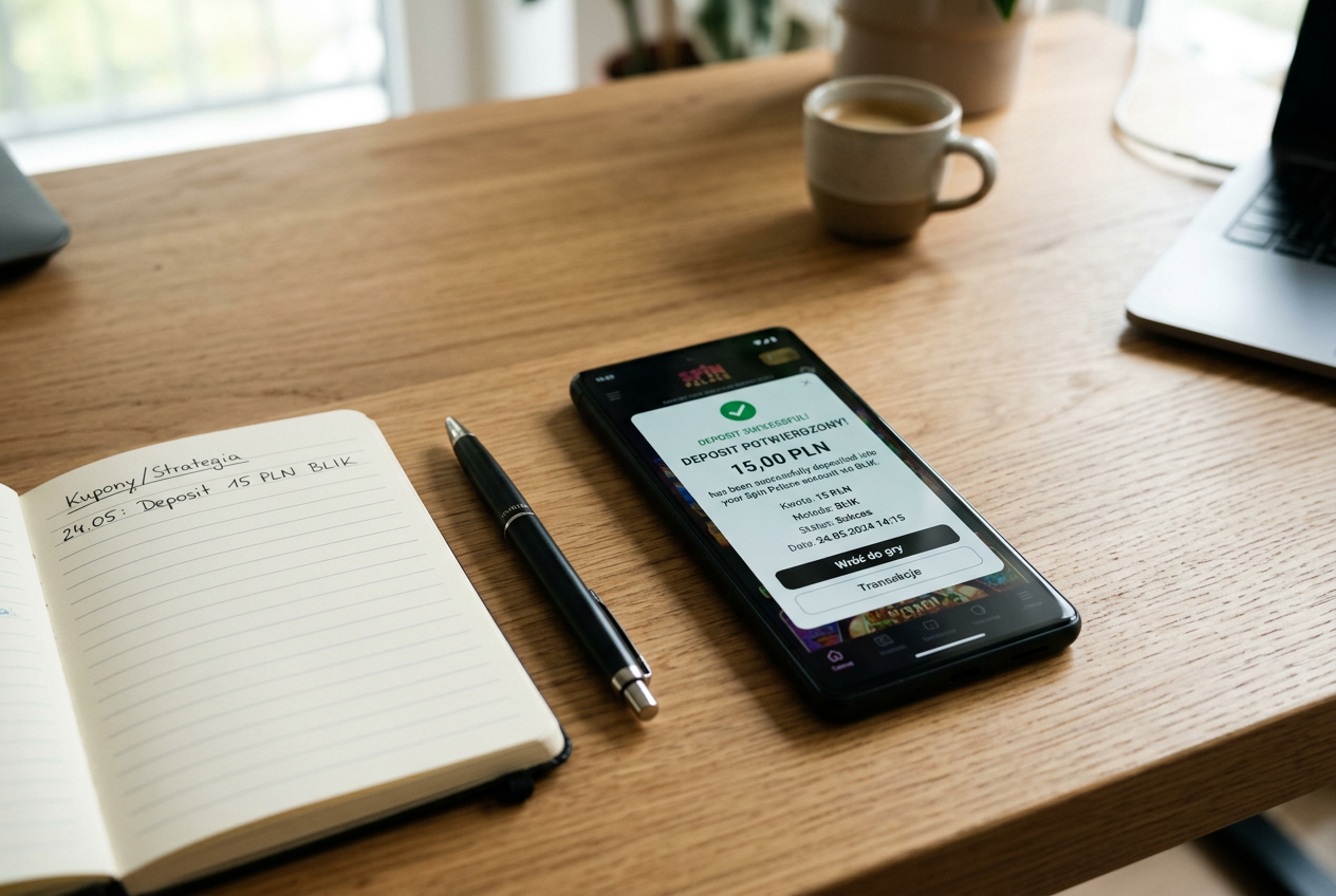 Smartphone showing a 15 PLN casino deposit confirmation.