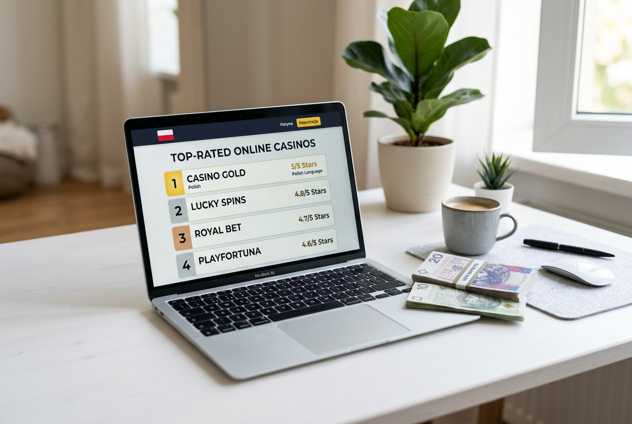 Widok na laptopa z rankingiem kasyn i drobnymi banknotami